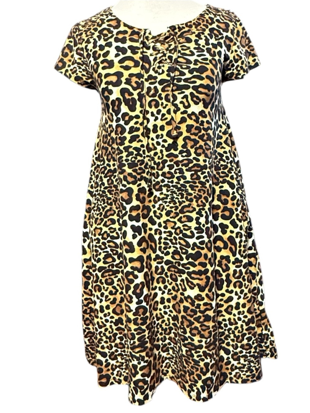 Hot kiss Leopard Print Short Sleeve Dress  Y2K tie up front‎ Black Tan